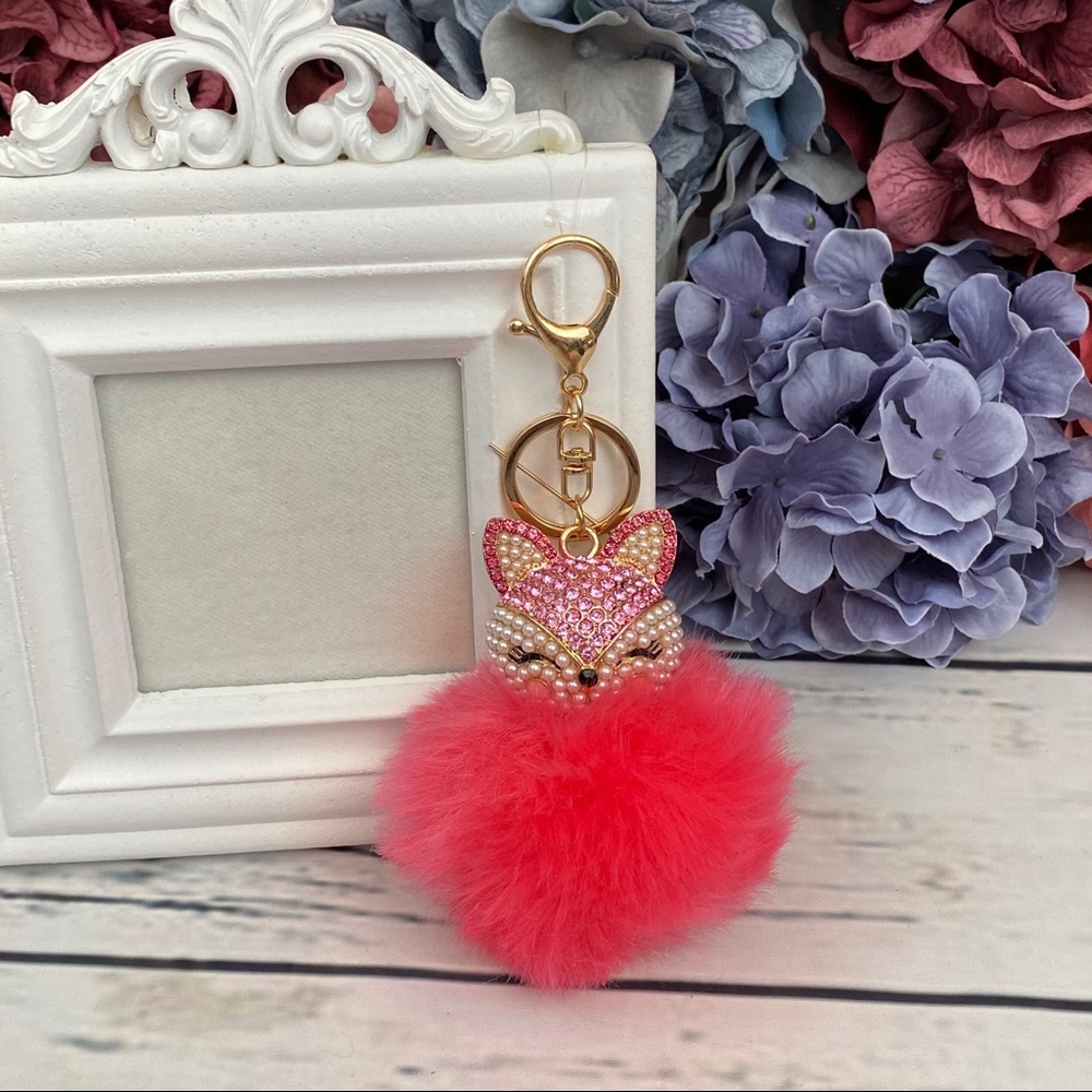 Crystal & Pearl Fox Hot Pink Pom Pom Keychain - Picture 4 of 15